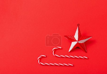 Photo for White and red christmas decorations on red background - Royalty Free Image