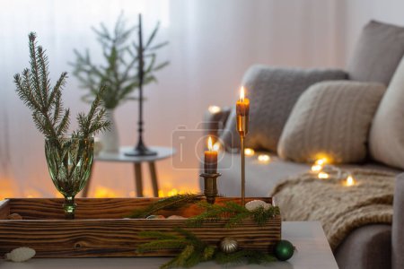 Photo for Cozy home with christmas decor on wooden tray - Royalty Free Image