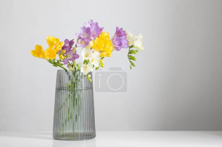 Téléchargez les photos : Fleurs freesia en verre vase moderne sur fond blanc - en image libre de droit