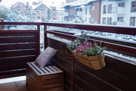 Foto de Ramas de abeto y flores en macetas en la nieve en el balcón - Imagen libre de derechos