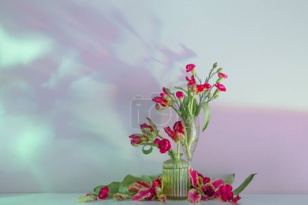Foto de Flores rojas en jarrones de vidrio en la pared de luz de fondo - Imagen libre de derechos