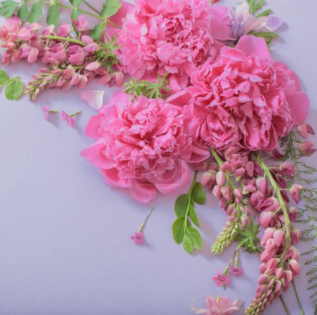 Téléchargez les photos : Rose belles fleurs sur fond de papier bleu - en image libre de droit