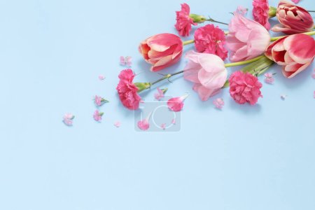 Photo for Beautiful spring flowers on blue  background - Royalty Free Image