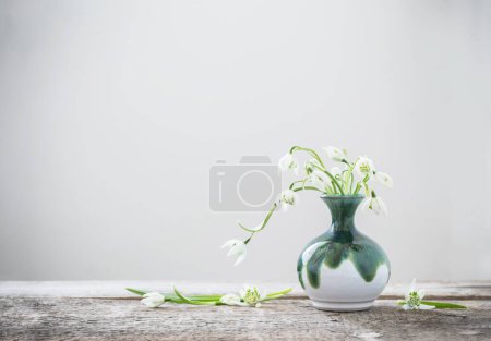 Téléchargez les photos : Gouttes de neige blanches dans un vase vert sur fond blanc - en image libre de droit