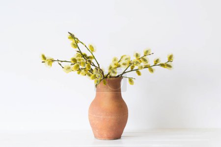 Foto de Flores amarillas de primavera en jarra vieja sobre fondo blanco - Imagen libre de derechos