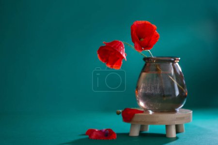 Photo for Red poppies in glass vase  on green background - Royalty Free Image