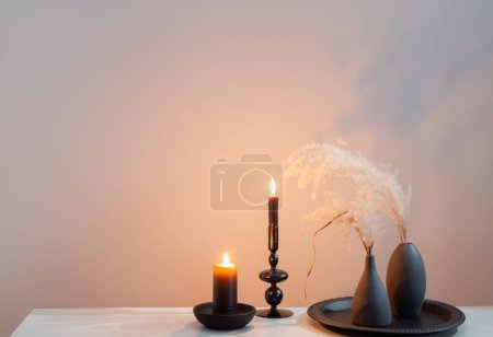 Photo for Home decor with dried flowers and burning candles - Royalty Free Image