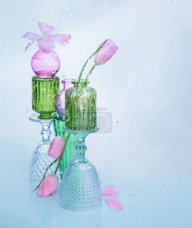 Foto de Flores de primavera en jarrones de vidrio con gotas de agua - Imagen libre de derechos