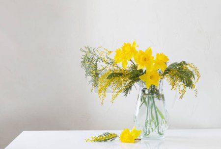Téléchargez les photos : Fleurs jaunes printemps dans un vase en verre sur fond blanc - en image libre de droit
