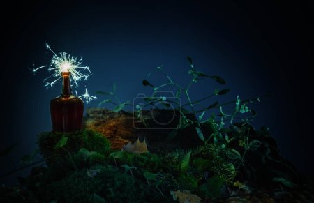 Foto de Botella con poción en el bosque nocturno - Imagen libre de derechos