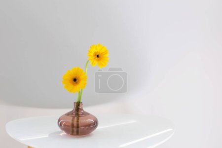 Téléchargez les photos : Gerbera jaune dans un vase en verre sur table blanche sur fond blanc - en image libre de droit
