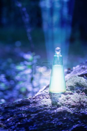 Foto de Poción mágica en botella de vidrio en el bosque de verano - Imagen libre de derechos