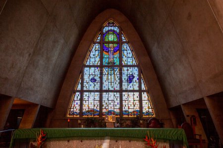 Photo for View of the main stained glass window of the Saint Mary Star of the Sea Cathedral, in Darwin, Northern Territory, Australia - Royalty Free Image