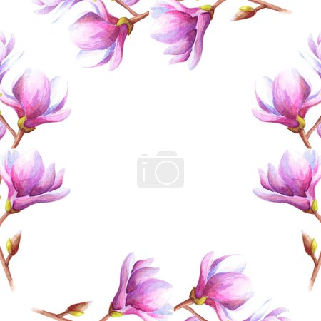 Photo for Hand drawn watercolor illustration of magnolia or tulip tree branches with pink flowers isolated over white background. Floral frame with room for your text. - Royalty Free Image