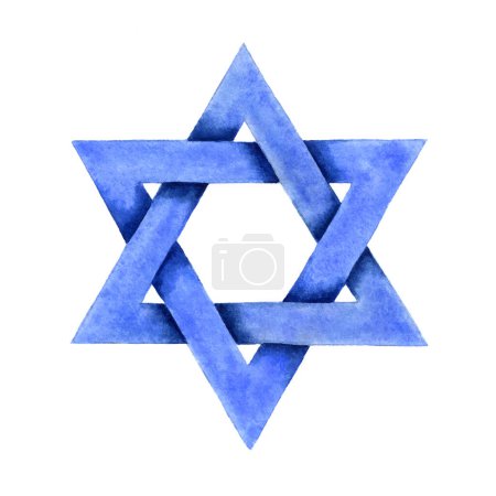Star of David watercolor illustration. Blue six pointed Jewish Israeli religious symbol. Judaism sign. Handdrawn watercolour artistic painting isolated over white background. Design element.