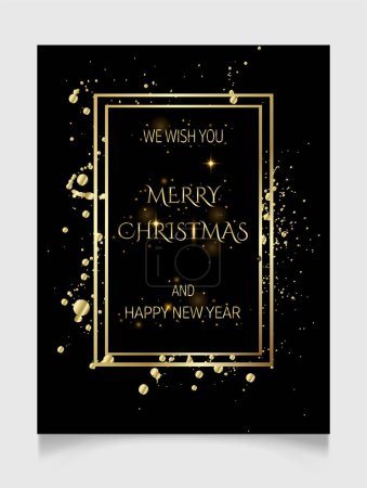 Illustration for Handwritten Christmas and New Year greetings in a golden rectangle frame, modern festive lettering over black. Holiday season design vector illustration template. - Royalty Free Image