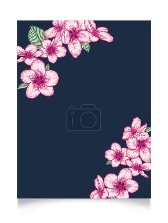 Illustration for Vector botanical floral wedding invitation dark blue elegant card template with pink apple flowers. Romantic design for greeting card, annivesary. - Royalty Free Image