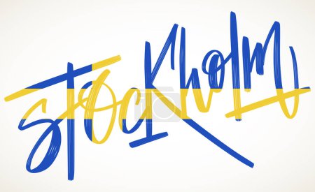 Illustration for Stockholm hand drawn lettering vector illustration. Letters calligraphy in blue and yellow isolated over whte. - Royalty Free Image