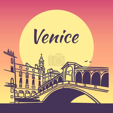 Dibujo vectorial de arte lineal del Puente de Rialto en Venecia, Italia. Arquitectura punto de referencia turístico, destino de viaje. Ilustración de sol de noche dibujado a mano