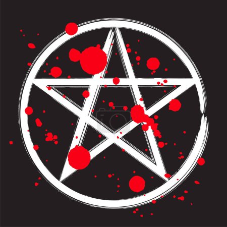 White pentagram magic occult star symbol. Hand brush drawing with red drops splatter. Halloween horror vector illustration isolated over black.