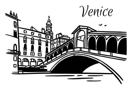 Line art vector drawing of Rialto Bridge in Venice, Italy. Architecture tourism landmark, travel destination. Hand drawn black and white illustration