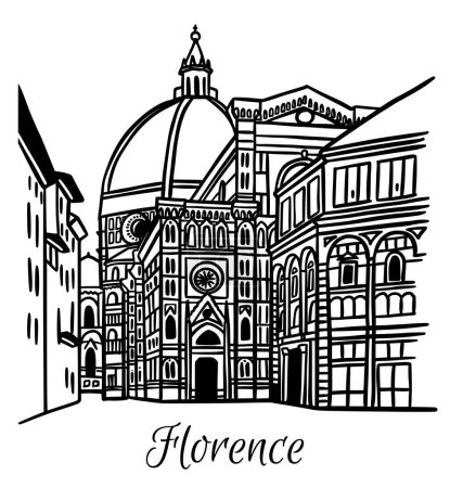 Ilustración de Dibujo vectorial en línea de la Catedral de Santa Maria del Fiore en Florencia, Italia. Arquitectura punto de referencia turístico, destino de viaje. Ilustración dibujada a mano en blanco y negro - Imagen libre de derechos