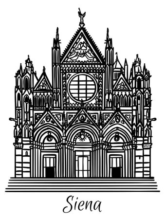 Ilustración de Dibujo vectorial en línea de la catedral del Duomo di Siena, Italia. Arquitectura punto de referencia turístico, destino de viaje. Ilustración dibujada a mano en blanco y negro - Imagen libre de derechos