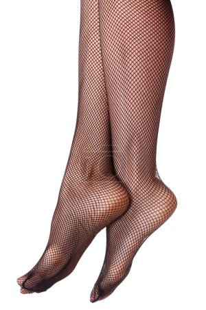 Photo for Beautiful long woman's legs in black net pantyhose, isolated - Royalty Free Image