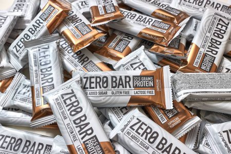 Photo for Budapest, Hungary - Circa 2023: Protein bars Zero Bar made by Biotech USA many in a big pile - Royalty Free Image