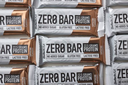 Photo for Budapest, Hungary - January 6, 2023: Protein bars Zero Bar made by Biotech USA in rows - Royalty Free Image