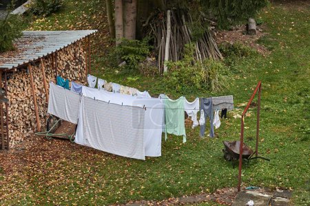 Wäsche und Bettwäsche trocknen auf der Wäscheleine im Garten