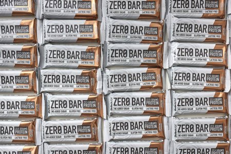 Photo for Budapest, Hungary - January 6, 2023: Protein bars Zero Bar made by Biotech USA many pieces arranged in an array - Royalty Free Image