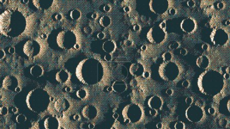 Verpixelter Mondhintergrund mit vielen Meteoriteneinschlagskratern und Zaudereffekt. Pixel Art Mosaik Textur der Mondoberfläche von oben. Vintage Retro Videospiel Hintergrund. Vektordarstellung in 8-Bit