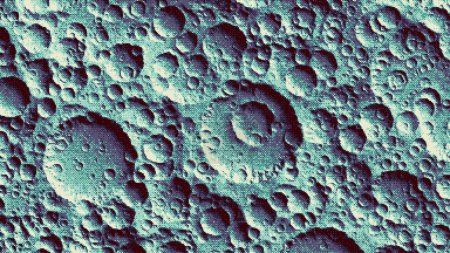 Verpixelter Mondhintergrund mit vielen Meteoriteneinschlagskratern und Zaudereffekt. Pixel Art Mosaik Textur der Mondoberfläche von oben. Vintage Retro Videospiel Hintergrund. Vektordarstellung in 8-Bit