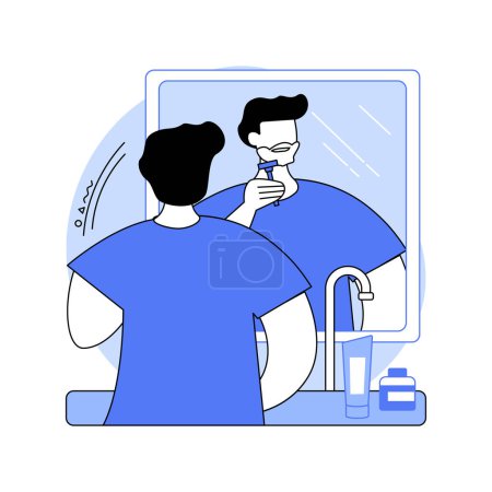 Illustration for Regular shaving isolated cartoon vector illustrations. Young man shaving in the morning in front of mirror, people lifestyle, appearance care at home, beauty procedures vector cartoon. - Royalty Free Image