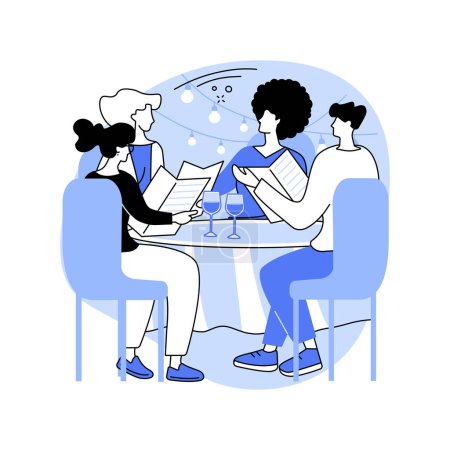 Illustration for Restaurant menu isolated cartoon vector illustrations. Group of clients reading menu in restaurant, choosing food and drinks, service sector, horeca business, cafe customers vector cartoon. - Royalty Free Image
