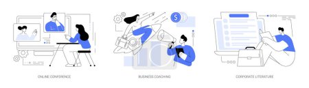 Business training abstract concept vector illustration set. Online conference, business coaching and mentoring, corporate literature, digital meetup, brand newsletter, success abstract metaphor.