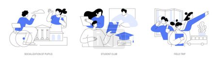 Illustration for School environment abstract concept vector illustration set. Socialization of pupils, student club, field trip, after-school activity, college association, social interaction abstract metaphor. - Royalty Free Image