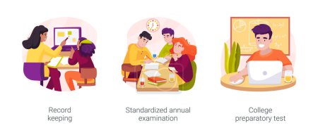 Illustration for Middle and high school student testing isolated cartoon vector illustration set. Record keeping, standardized annual examination, college preparatory test, timer on computer screen vector cartoon. - Royalty Free Image