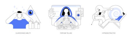 Illustration for Alternative spiritual practices abstract concept vector illustration set. Clairvoyance ability, fortune telling, hypnosis practice, extrasensory ability, tarot reading services abstract metaphor. - Royalty Free Image