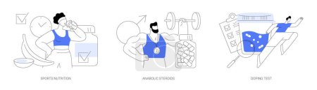 Sports supplements abstract concept vector illustration set. Sports nutrition, anabolic steroids, doping test, muscle mass, athletic performance, laboratory analysis, blood sample abstract metaphor.