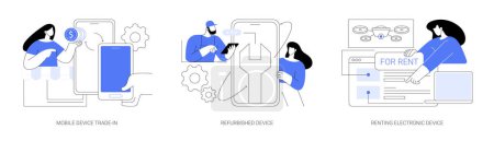 Illustration for Used gadgets abstract concept vector illustration set. Mobile device trade-in, refurbished mobile phone, renting electronics website, buyback electronics, eco-friendly smartphone abstract metaphor. - Royalty Free Image