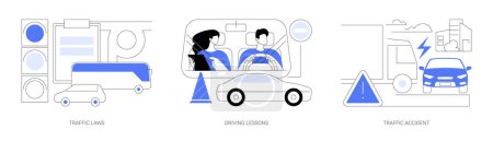 Illustration for Driving license abstract concept vector illustration set. Traffic laws, driving lessons, traffic accident, road safety, violation fine, certified instructor, car crash investigation abstract metaphor. - Royalty Free Image