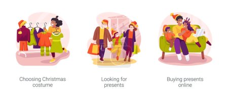 Illustration for Christmas shopping isolated cartoon vector illustration set. Choosing Christmas costume, looking for presents, buying gifts online, happy family in shopping mall, winter holiday vector cartoon. - Royalty Free Image