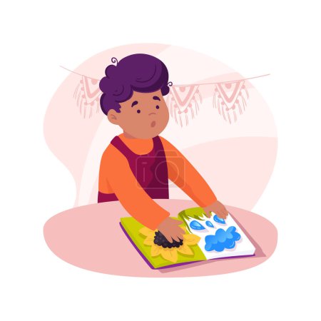 Illustration for Tactile picture book isolated cartoon vector illustration. Kid flips pages, touching sensory picture, book for autism children, fine motor skills development, daycare center vector cartoon. - Royalty Free Image