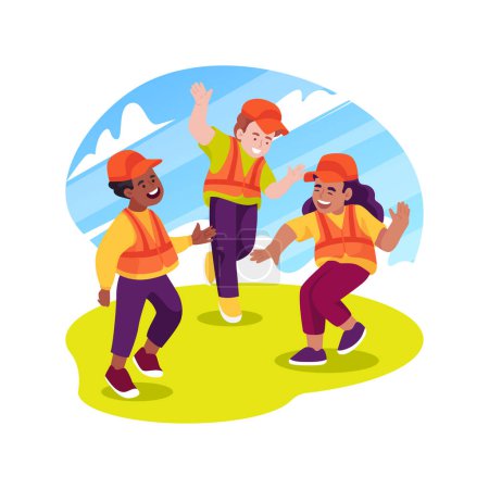 Illustration for Wearing matching colors isolated cartoon vector illustration. Group of children wearing bright jackets, dressed in the same caps, field trip security measure, kids walk outdoors vector cartoon. - Royalty Free Image