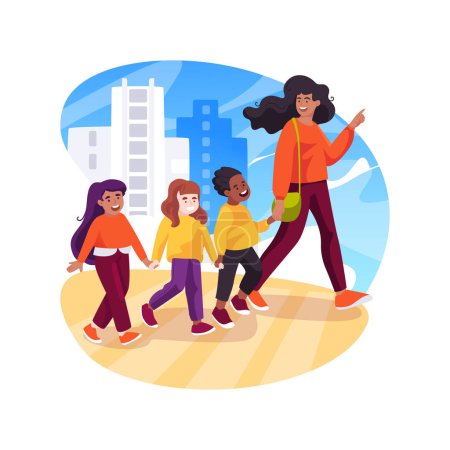 Illustration for Chaperones isolated cartoon vector illustration. Adult supervisor leading children on the street, field trip security guard, kids walking together, chaperon for excursion vector cartoon. - Royalty Free Image