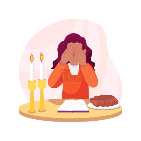 Illustration for Shabbat prayer isolated cartoon vector illustration. Jewish little girl praying at the table, Shabbat blessings, everyday religion rituals, spiritual practices vector cartoon. - Royalty Free Image