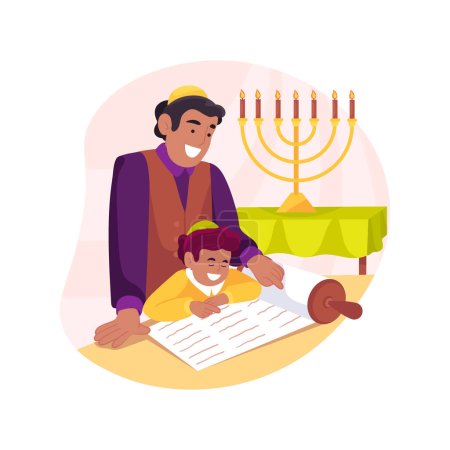 Illustration for Teaching Torah at home isolated cartoon vector illustration. Father teaching Tohar to his little son, reading holy book together, jewish religion, everyday belief rituals vector cartoon. - Royalty Free Image
