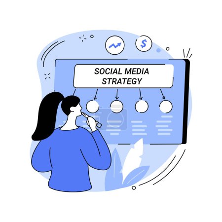 Illustration for SMM strategy development isolated cartoon vector illustrations. Young woman thinking about social media promotion strategies, IT sector, influencer marketing professional service vector cartoon. - Royalty Free Image